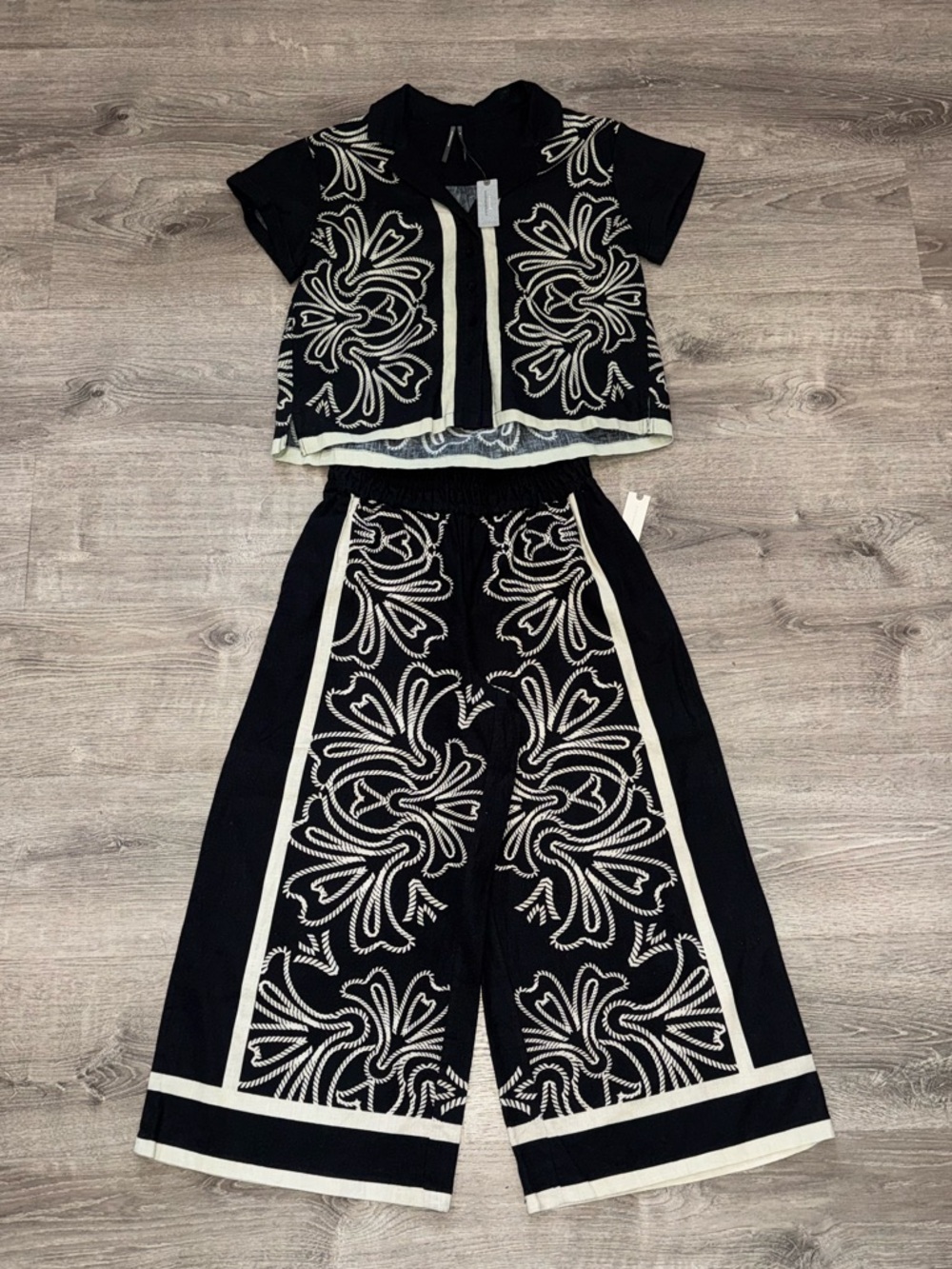 NWT ANTHROPOLOGIE 2PC LINEN SET BRENNA SHIRT SOMERSET PANTS IN BLACK PRINT S SP - Picture 8 of 16